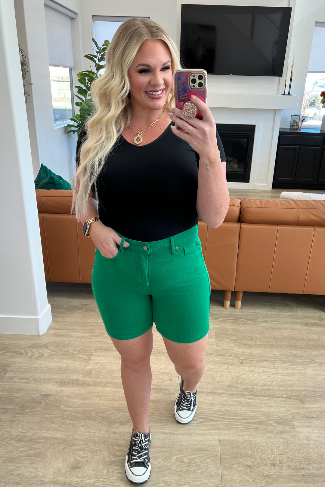 Jenna High Rise Control Top Cuffed Shorts in Green-Denim-Inspired by Justeen-Women's Clothing Boutique in Chicago, Illinois