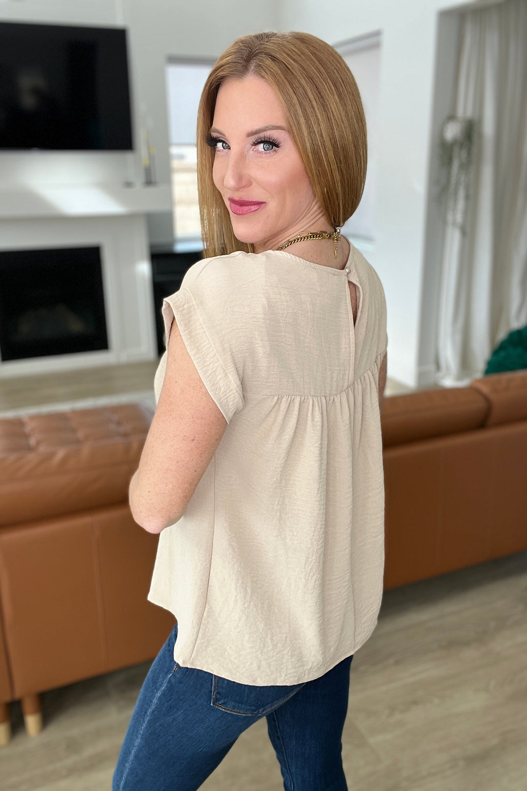 Airflow Babydoll Top in Taupe-Short Sleeve Tops-Inspired by Justeen-Women's Clothing Boutique in Chicago, Illinois