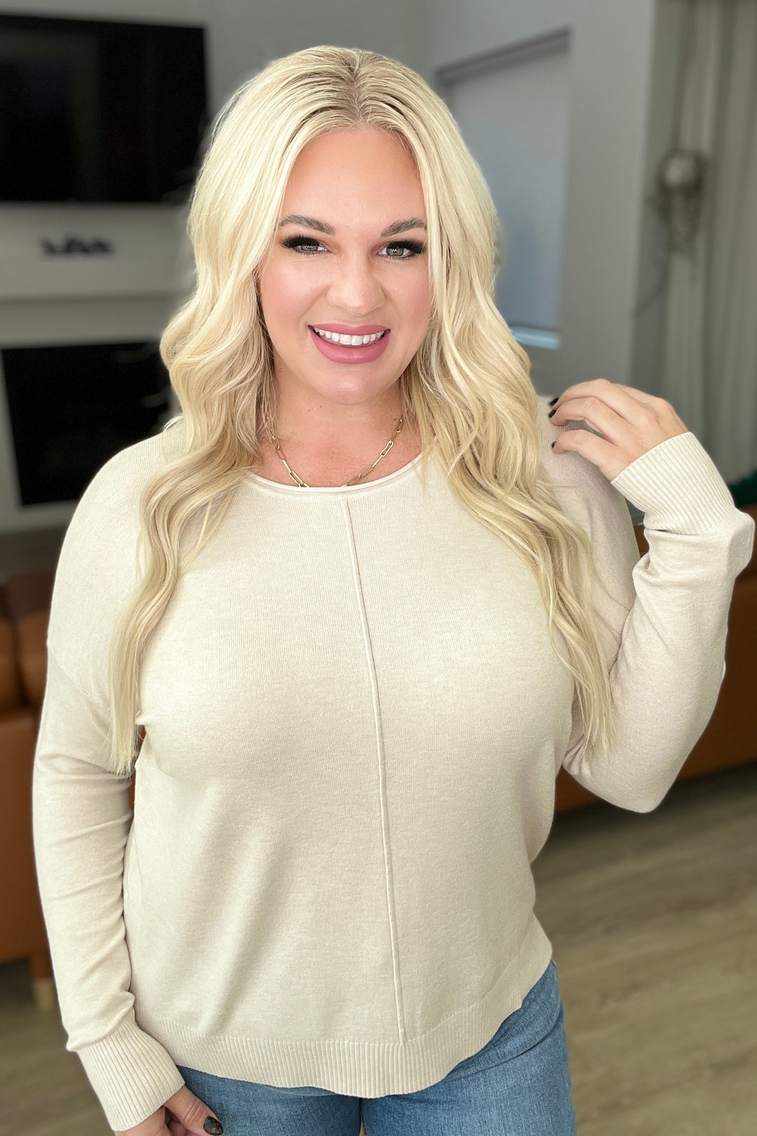 Front Seam Round Neck Sweater in Sand Beige-Sweaters/Sweatshirts-Inspired by Justeen-Women's Clothing Boutique in Chicago, Illinois