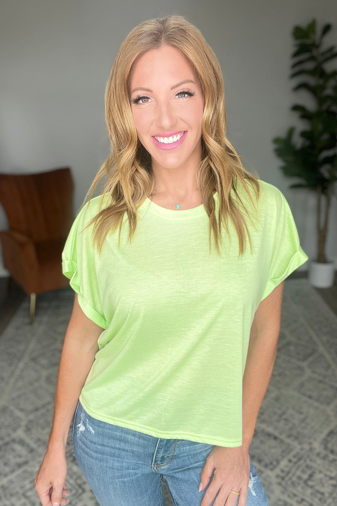 Round Neck Cuffed Sleeve Top in Lime-Short Sleeve Tops-Inspired by Justeen-Women's Clothing Boutique in Chicago, Illinois