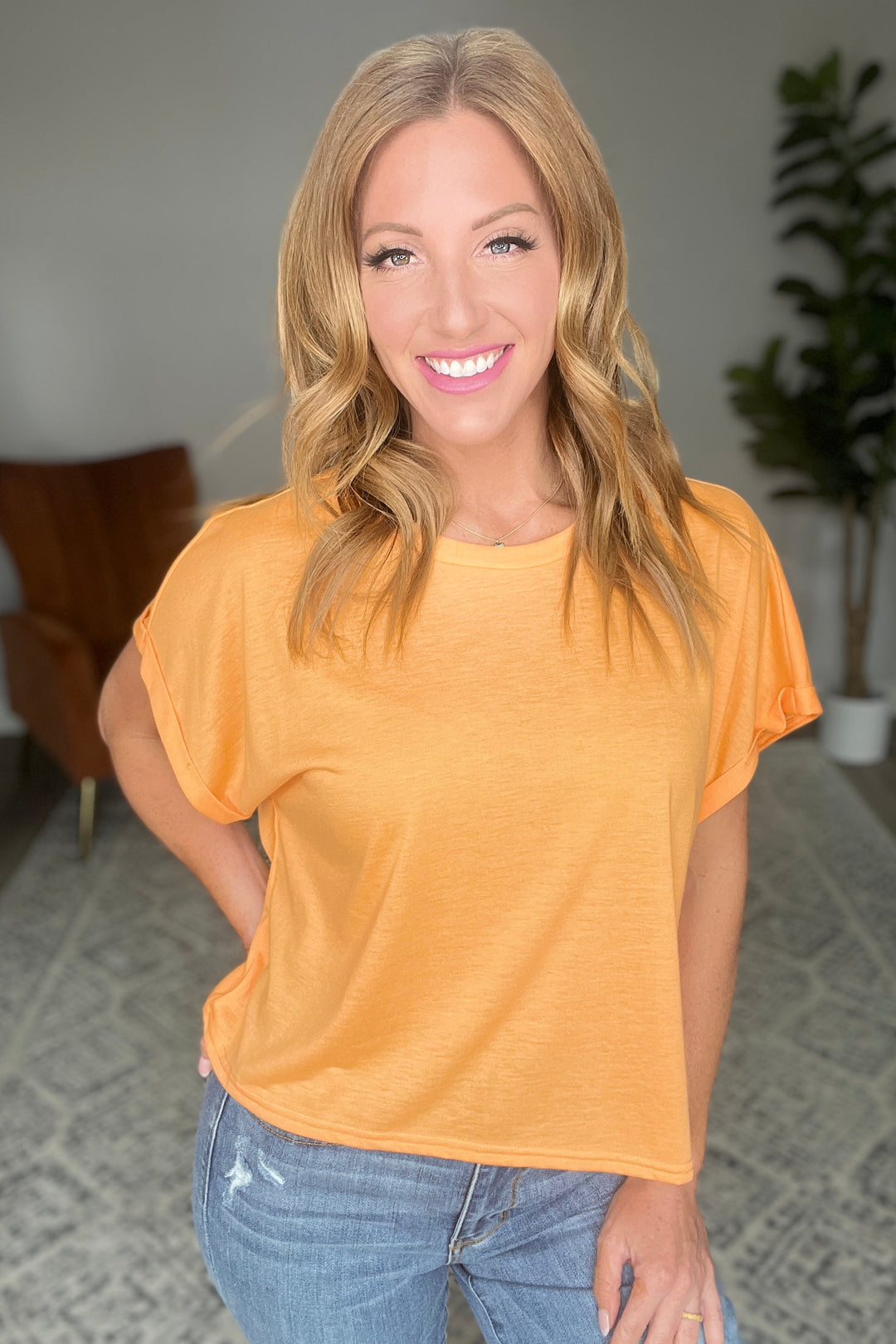 Round Neck Cuffed Sleeve Top in Neon Orange-Short Sleeve Tops-Inspired by Justeen-Women's Clothing Boutique in Chicago, Illinois