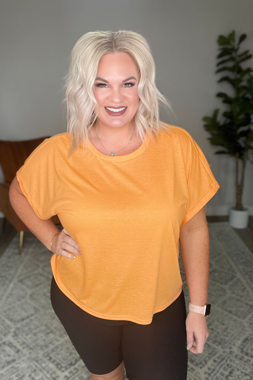 Round Neck Cuffed Sleeve Top in Neon Orange-Short Sleeve Tops-Inspired by Justeen-Women's Clothing Boutique in Chicago, Illinois