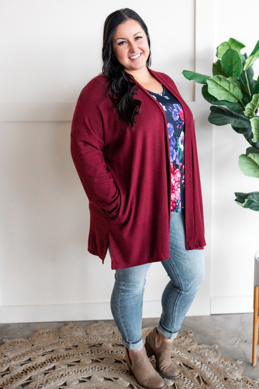 Cashmere Soft Open Front Cardigan With Pockets In Deep Heathered Burgundy-Cardigans + Kimonos-Inspired by Justeen-Women's Clothing Boutique in Chicago, Illinois