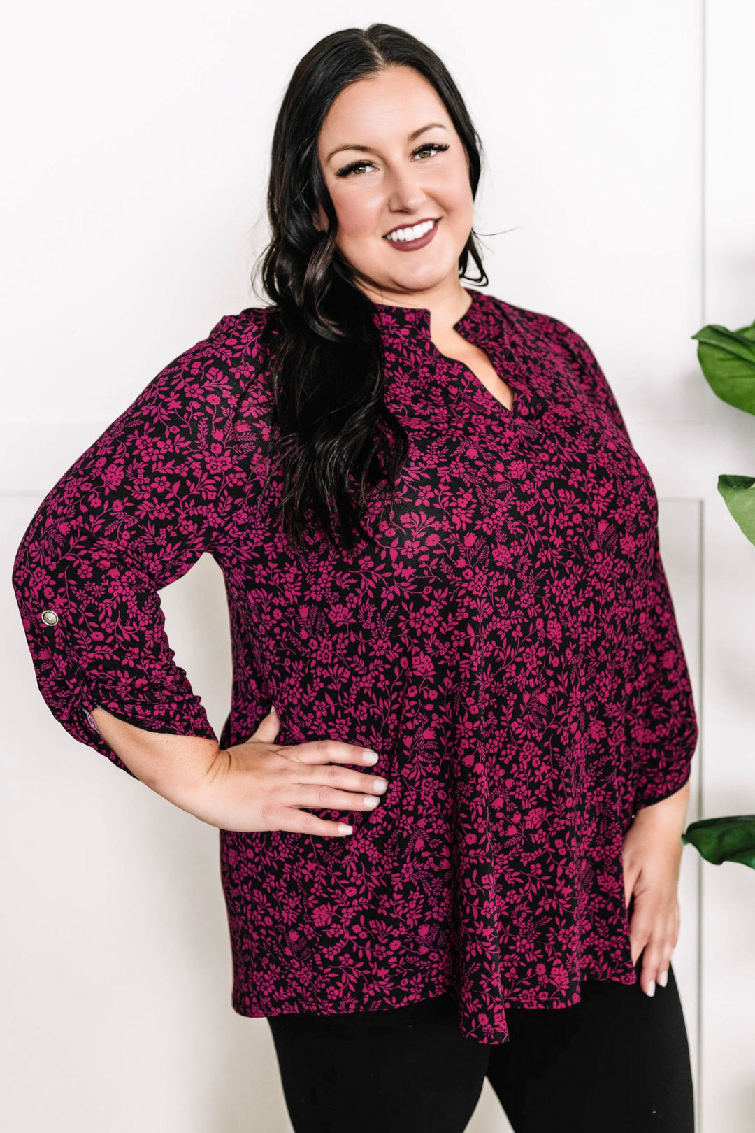 Gabby Front Top With Button Sleeve Detail In Magenta Florals-Long Sleeve Tops-Inspired by Justeen-Women's Clothing Boutique in Chicago, Illinois