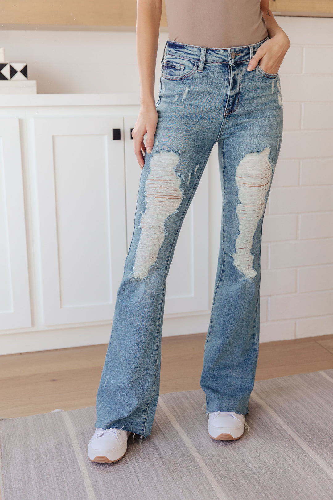 Kiana High Rise Heavy Destroy Flare-Denim-Inspired by Justeen-Women's Clothing Boutique in Chicago, Illinois