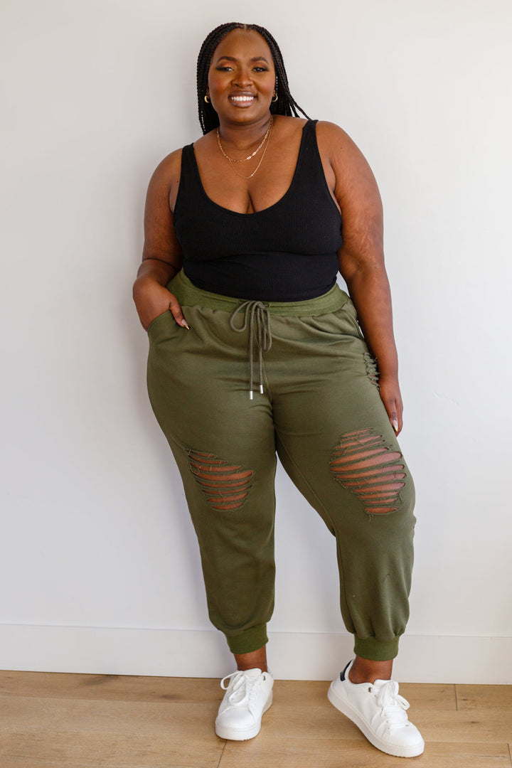 Kick Back Distressed Joggers in Olive-Pants-Inspired by Justeen-Women's Clothing Boutique in Chicago, Illinois