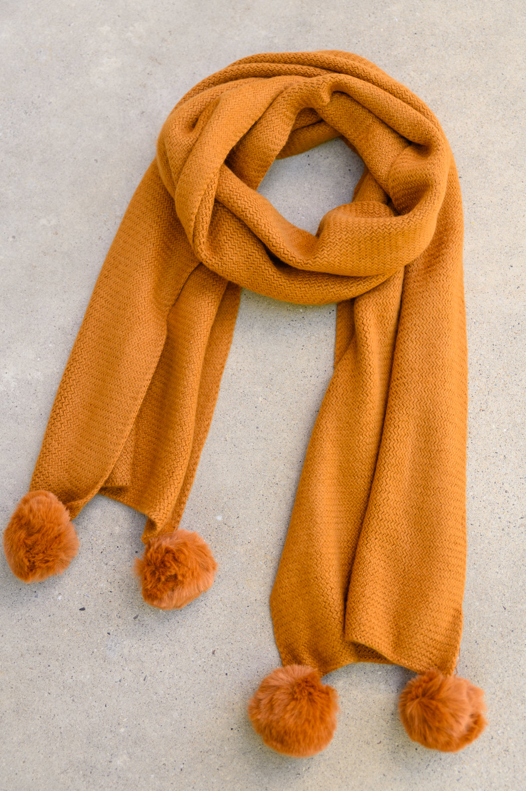 Knitted Fuzzy Pom Pom Scarf In Ginger-Scarves-Inspired by Justeen-Women's Clothing Boutique in Chicago, Illinois