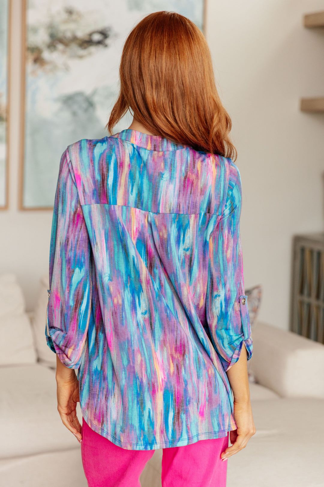 Little Lovely Blouse in Blue Multi-Long Sleeve Tops-Inspired by Justeen-Women's Clothing Boutique in Chicago, Illinois