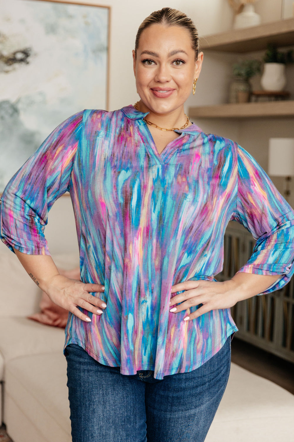 Little Lovely Blouse in Blue Multi-Tops-Inspired by Justeen-Women's Clothing Boutique in Chicago, Illinois