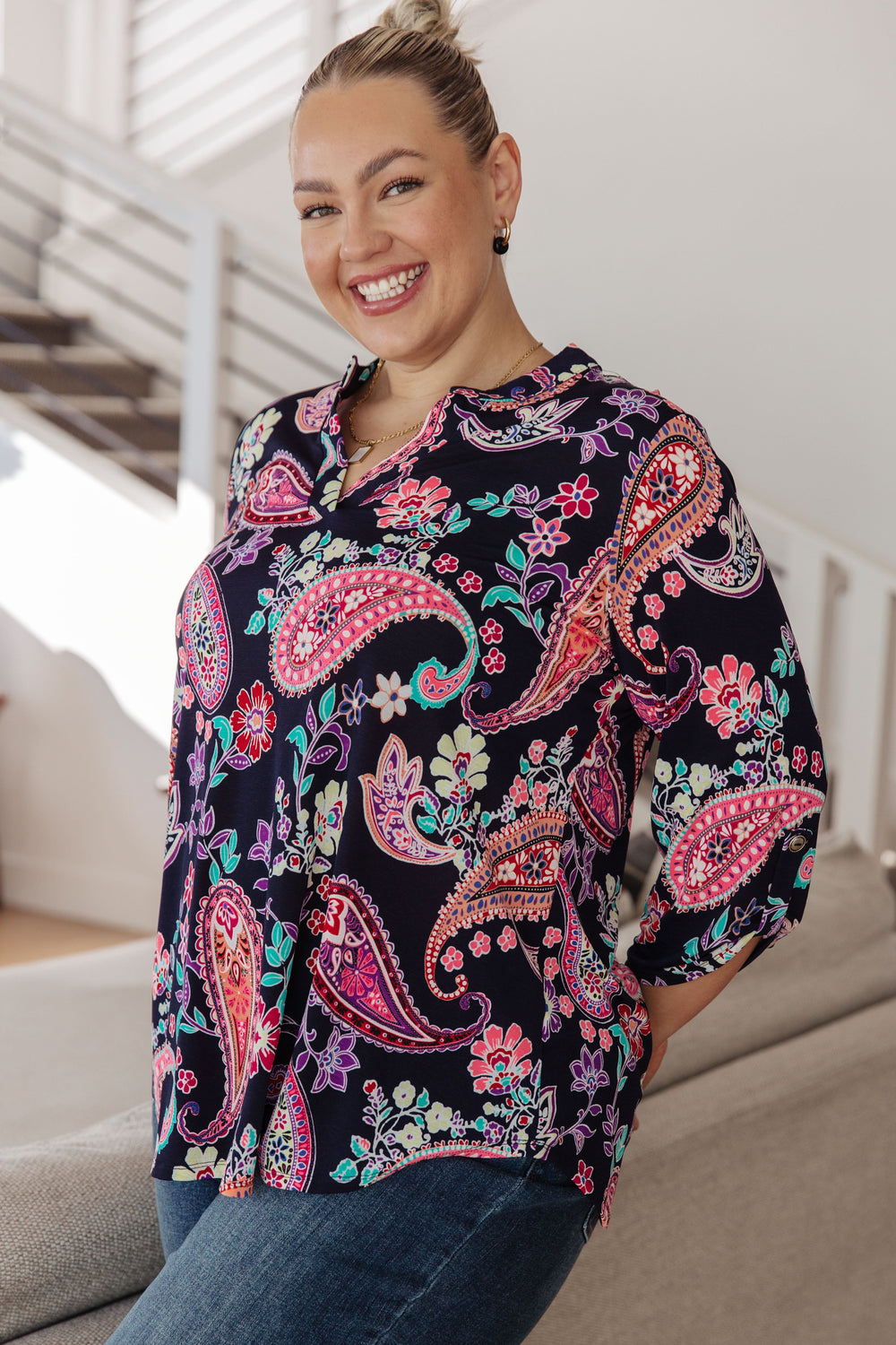 Little Lovely Blouse in Navy Paisley-Long Sleeve Tops-Inspired by Justeen-Women's Clothing Boutique in Chicago, Illinois
