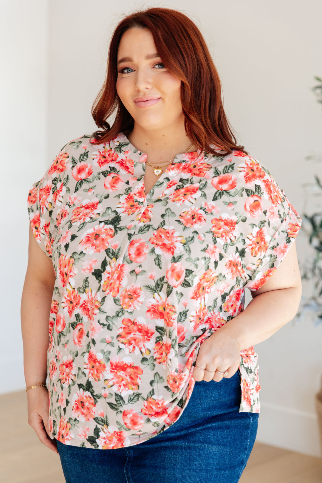 Lizzy Cap Sleeve Top in Coral and Beige Floral-Short Sleeve Tops-Inspired by Justeen-Women's Clothing Boutique in Chicago, Illinois