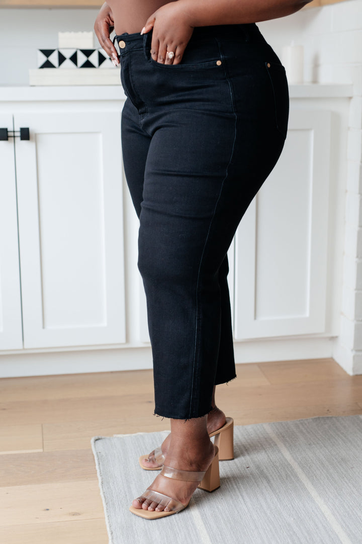 Lizzy High Rise Control Top Wide Leg Crop Jeans in Black-Denim-Inspired by Justeen-Women's Clothing Boutique in Chicago, Illinois