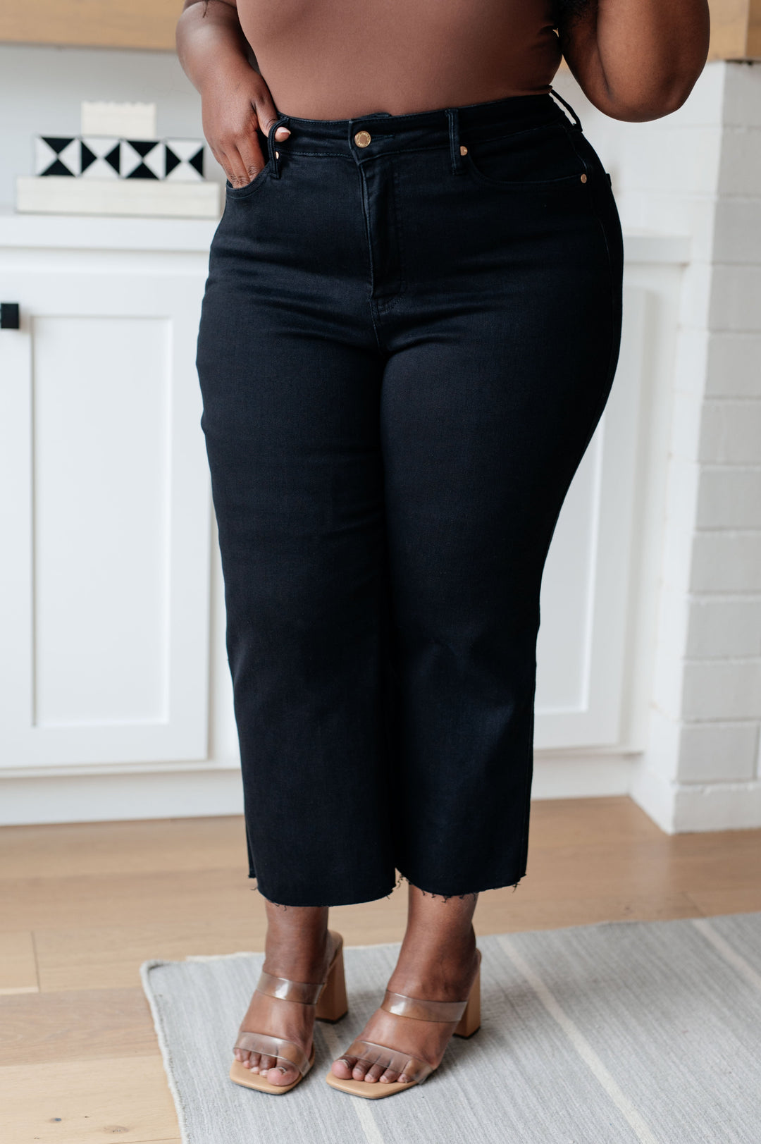 Lizzy High Rise Control Top Wide Leg Crop Jeans in Black-Denim-Inspired by Justeen-Women's Clothing Boutique in Chicago, Illinois