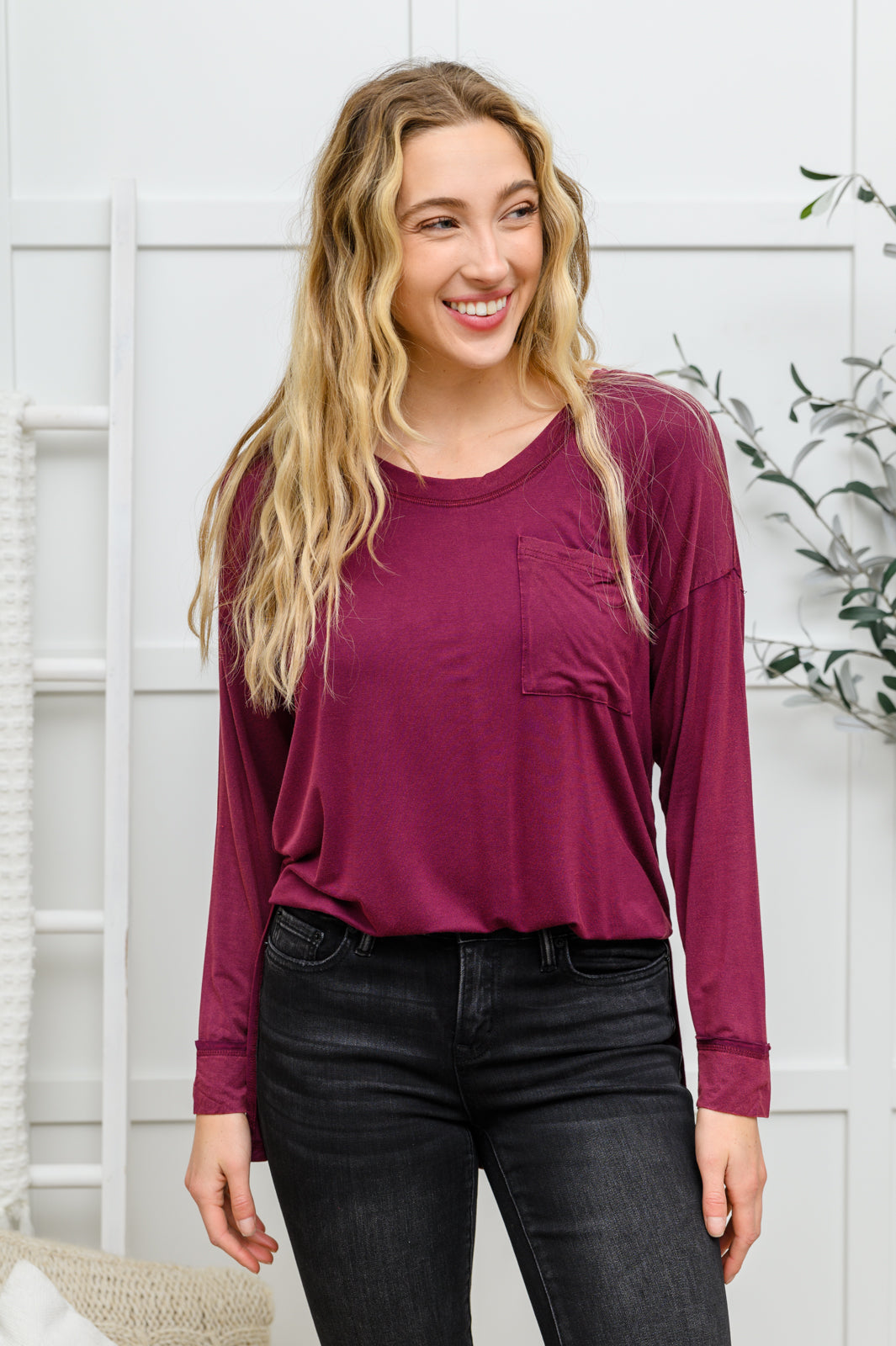 Long Sleeve Knit Top With Pocket In Burgundy-Tops-Inspired by Justeen-Women's Clothing Boutique