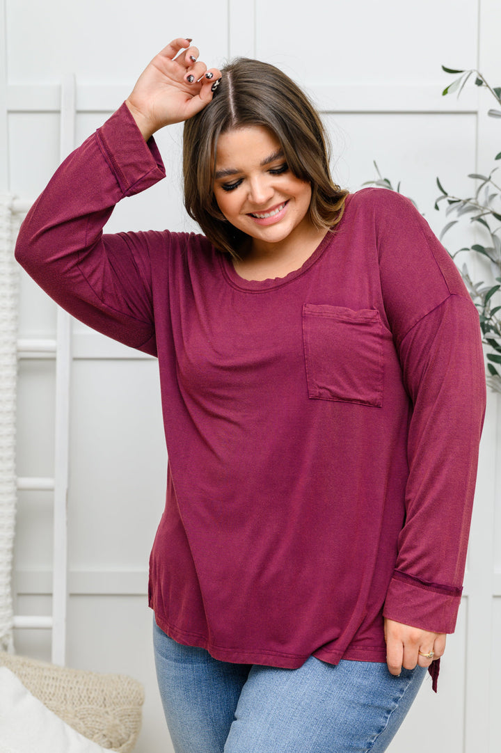 Long Sleeve Knit Top With Pocket In Burgundy-Tops-Inspired by Justeen-Women's Clothing Boutique in Chicago, Illinois