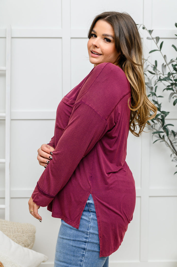 Long Sleeve Knit Top With Pocket In Burgundy-Tops-Inspired by Justeen-Women's Clothing Boutique in Chicago, Illinois