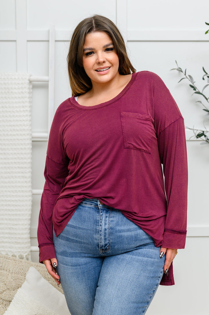 Long Sleeve Knit Top With Pocket In Burgundy-Tops-Inspired by Justeen-Women's Clothing Boutique