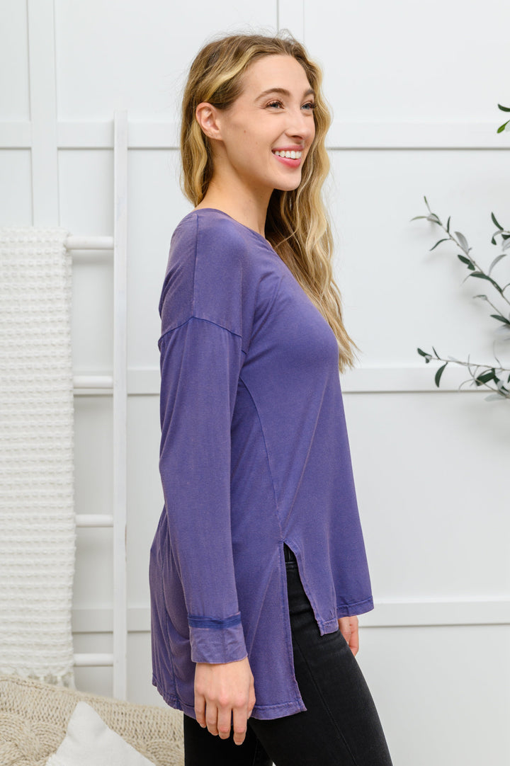 Long Sleeve Knit Top With Pocket In Denim Blue-Tops-Inspired by Justeen-Women's Clothing Boutique