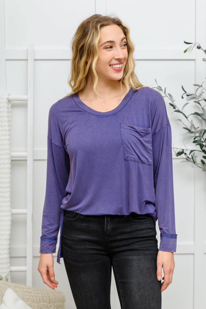 Long Sleeve Knit Top With Pocket In Denim Blue-Tops-Inspired by Justeen-Women's Clothing Boutique in Chicago, Illinois
