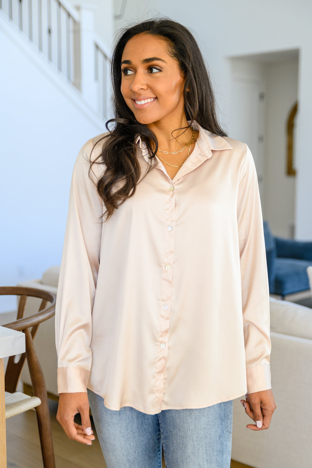 Loved For Years Satin Button Up In Beige-Long Sleeve Tops-Inspired by Justeen-Women's Clothing Boutique in Chicago, Illinois