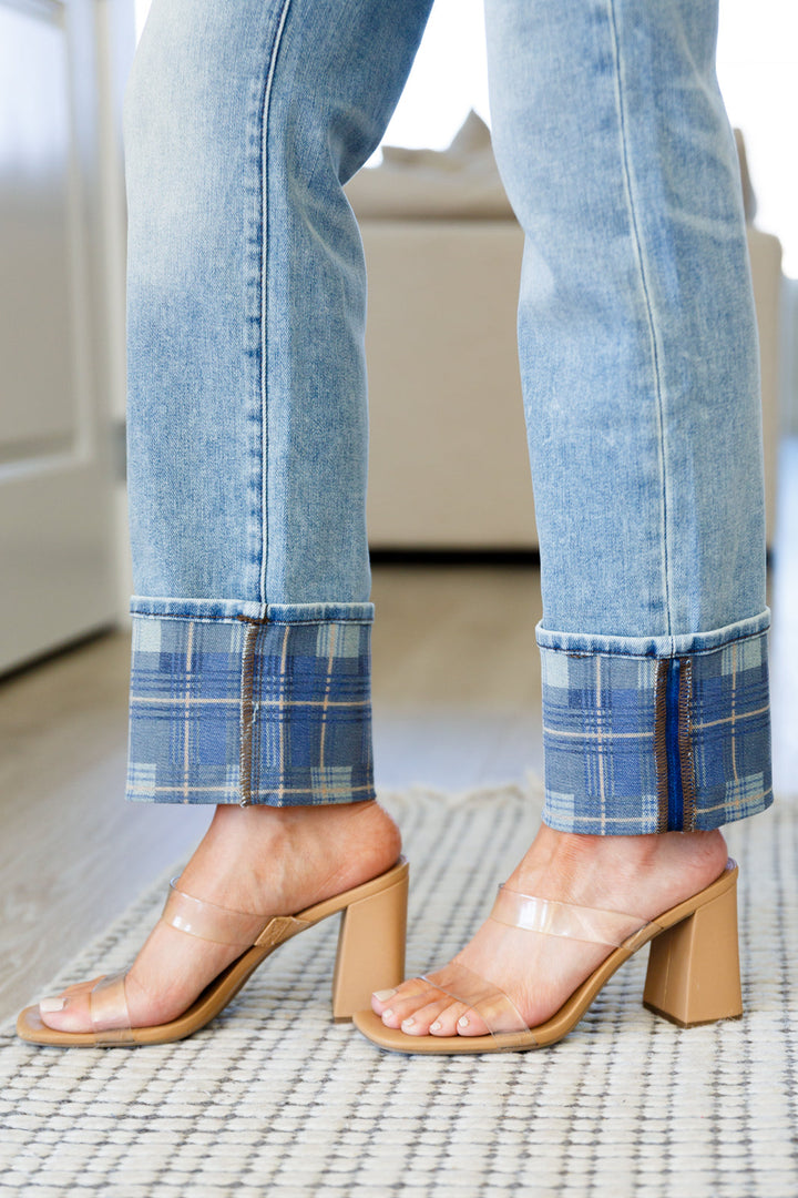 Miranda High Rise Plaid Cuff Vintage Straight Jeans-Denim-Inspired by Justeen-Women's Clothing Boutique in Chicago, Illinois
