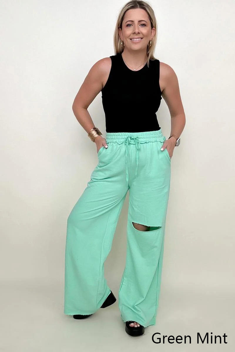 Zenana Distressed Knee French Terry Sweats With Pockets - New Colors-Pants-Inspired by Justeen-Women's Clothing Boutique in Chicago, Illinois