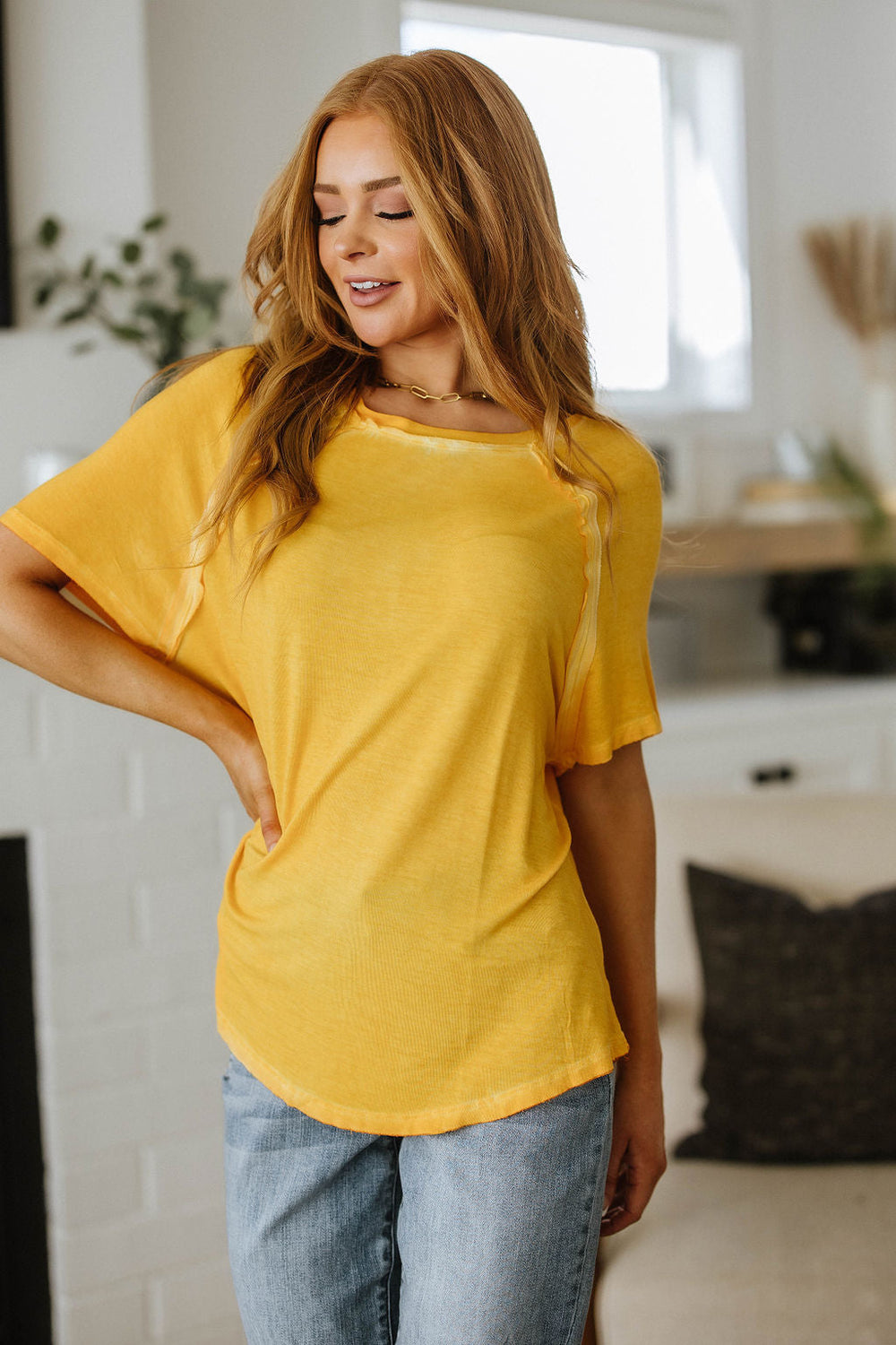 New Edition Mineral Wash T Shirt Yellow-Short Sleeve Tops-Inspired by Justeen-Women's Clothing Boutique in Chicago, Illinois