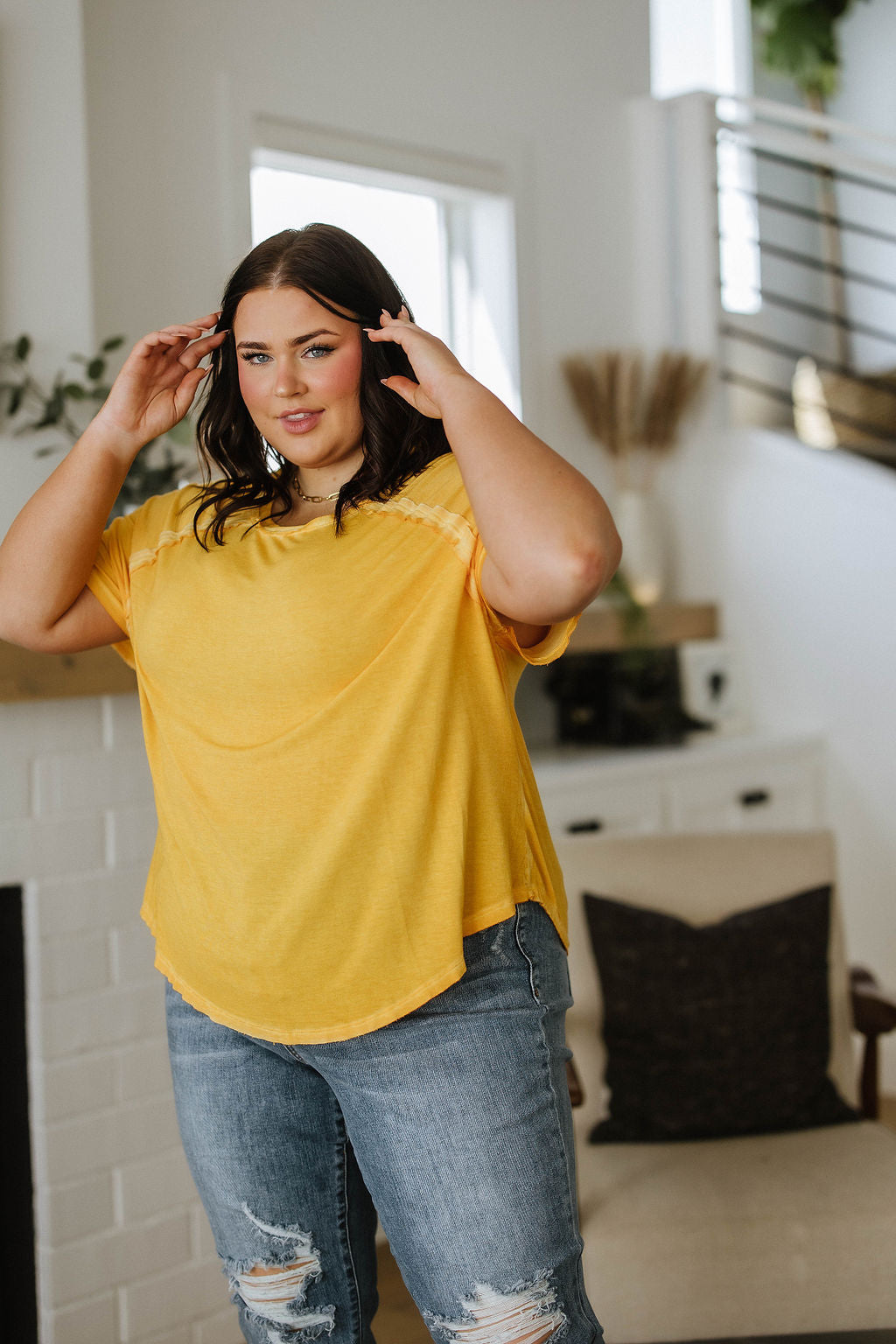 New Edition Mineral Wash T Shirt Yellow-Short Sleeve Tops-Inspired by Justeen-Women's Clothing Boutique in Chicago, Illinois