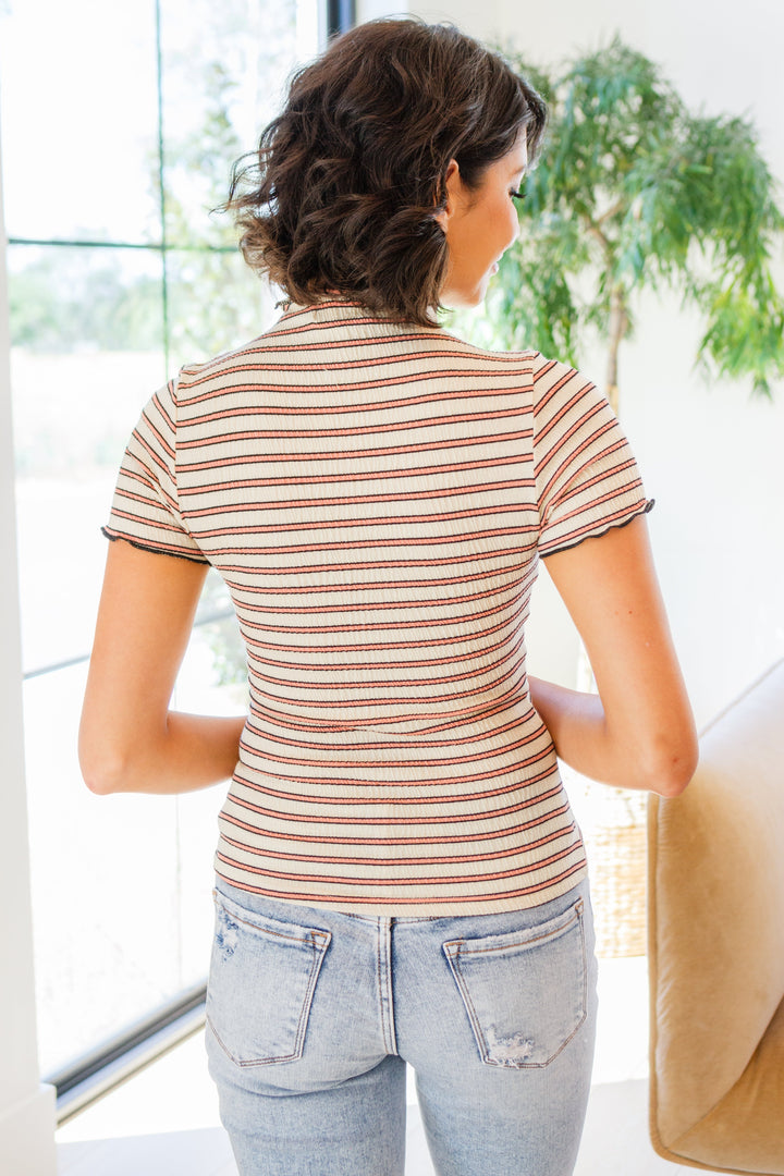 Nostalgic Note Striped Mock Neck Top-Short Sleeve Tops-Inspired by Justeen-Women's Clothing Boutique in Chicago, Illinois