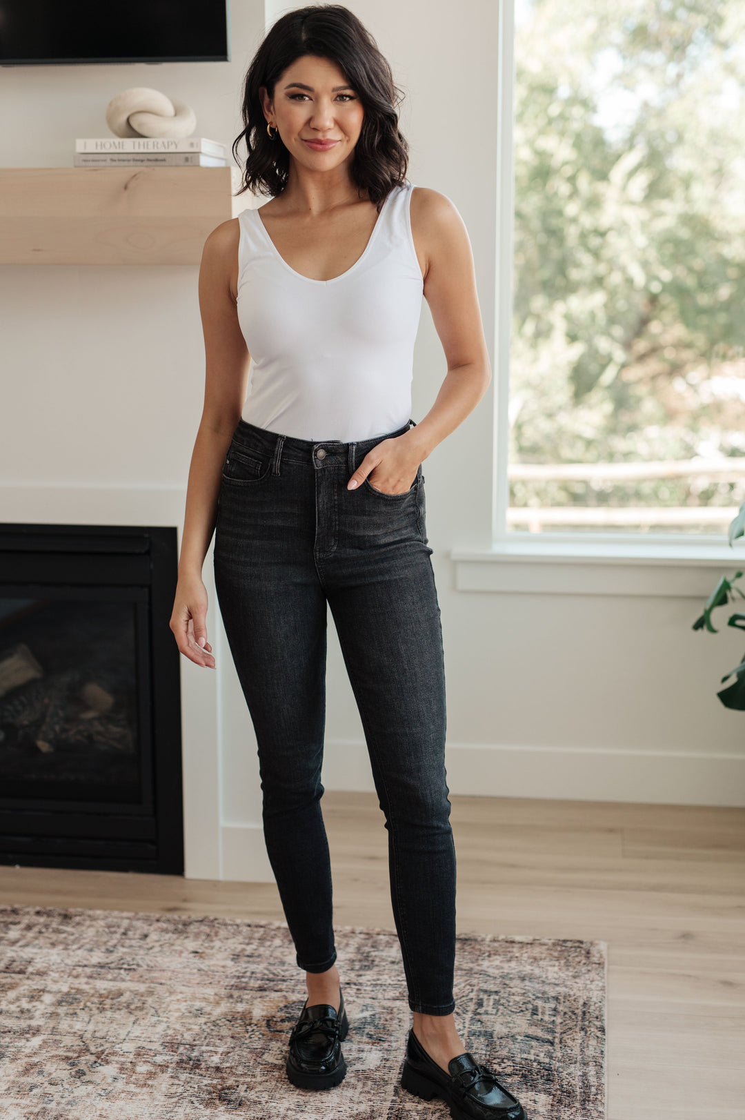 Octavia High Rise Control Top Skinny Jeans in Washed Black-Denim-Inspired by Justeen-Women's Clothing Boutique in Chicago, Illinois