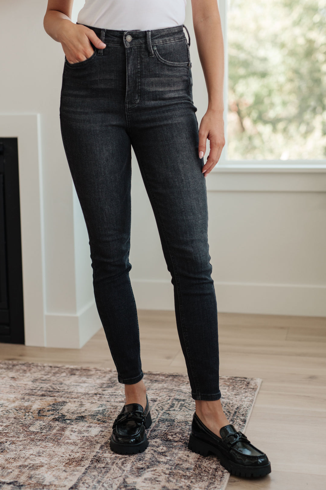 Octavia High Rise Control Top Skinny Jeans in Washed Black-Denim-Inspired by Justeen-Women's Clothing Boutique in Chicago, Illinois