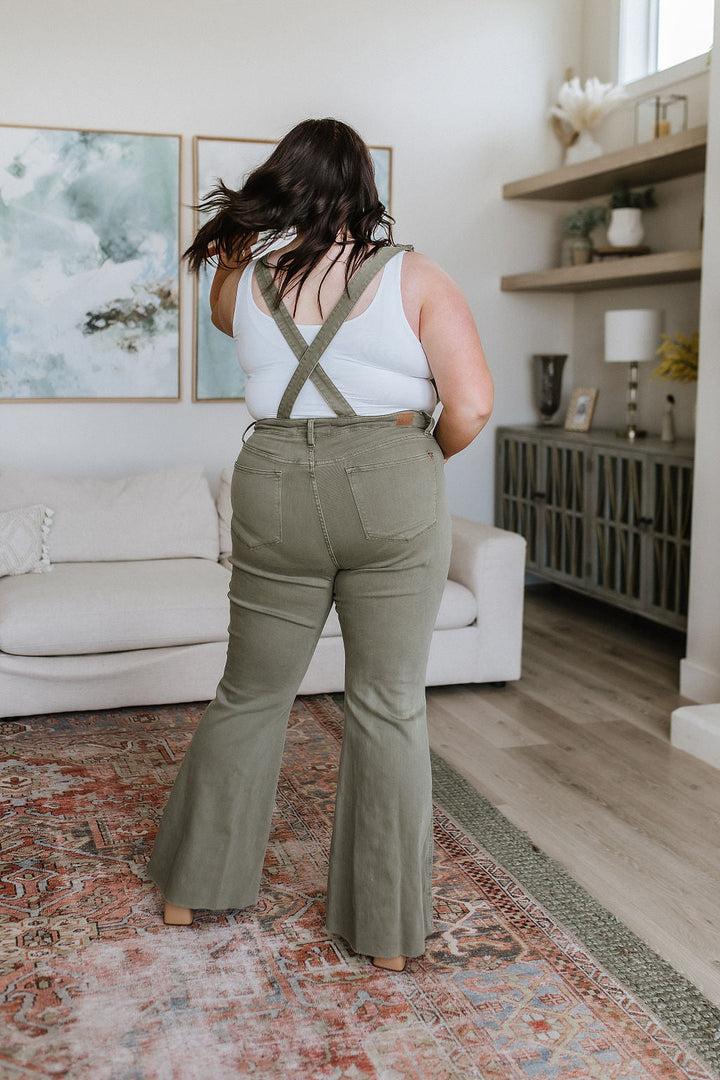 Olivia Control Top Release Hem Overalls in Olive-Denim-Inspired by Justeen-Women's Clothing Boutique in Chicago, Illinois