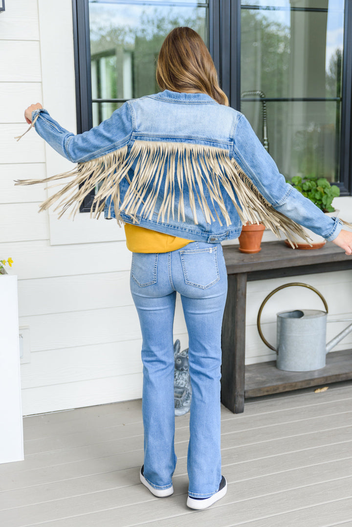 On The Fringe Jacket in Denim-Outerwear-Inspired by Justeen-Women's Clothing Boutique in Chicago, Illinois