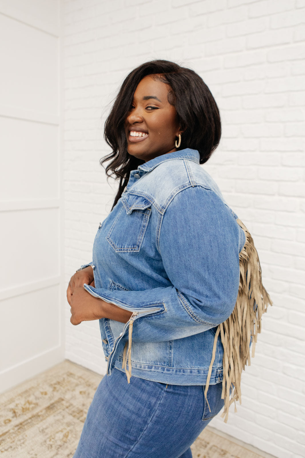 On The Fringe Jacket in Denim-Outerwear-Inspired by Justeen-Women's Clothing Boutique in Chicago, Illinois