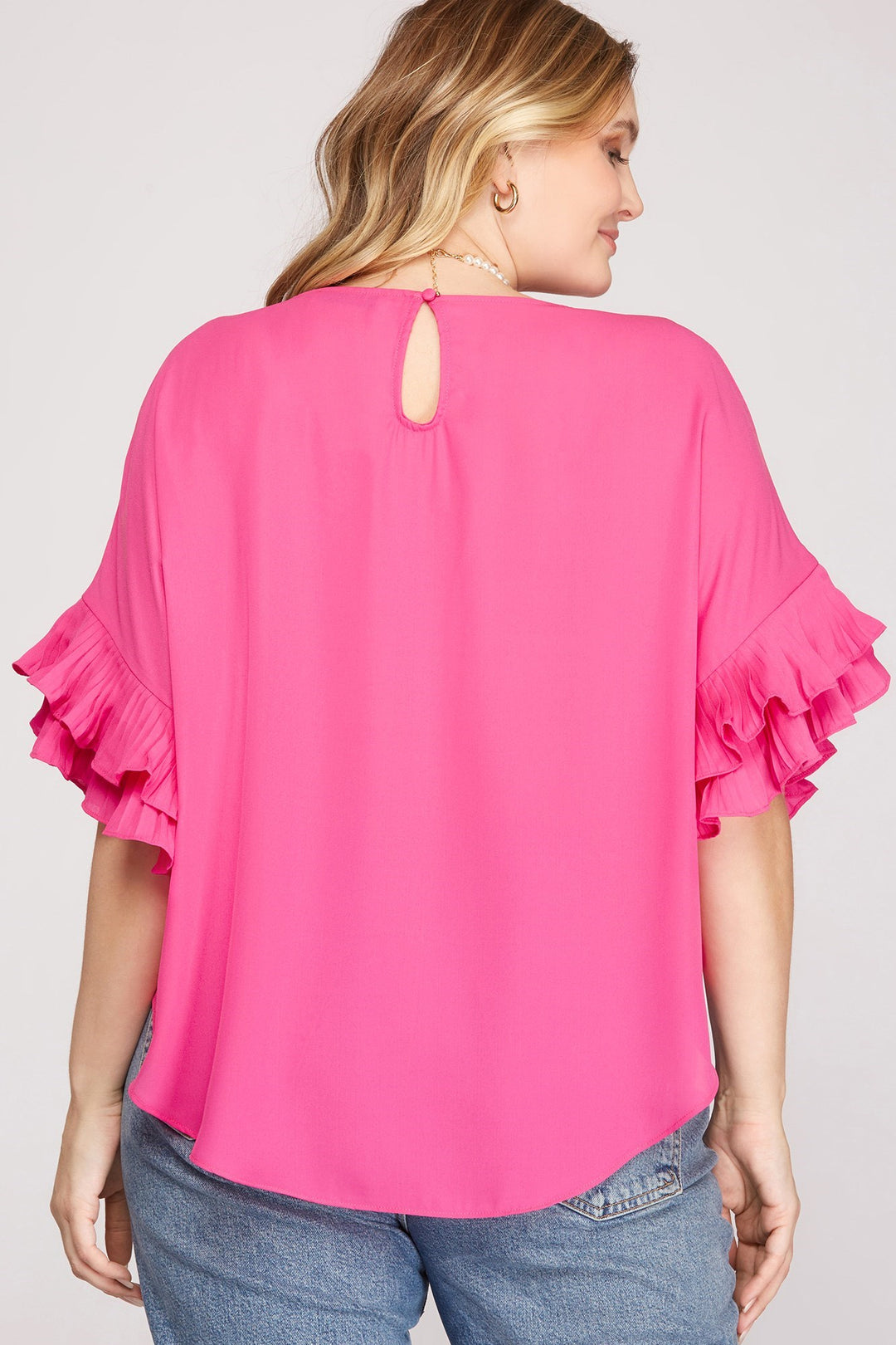 Josie Pleated Ruffle Sleeved Top, Hot Pink-Short Sleeve Tops-Inspired by Justeen-Women's Clothing Boutique in Chicago, Illinois