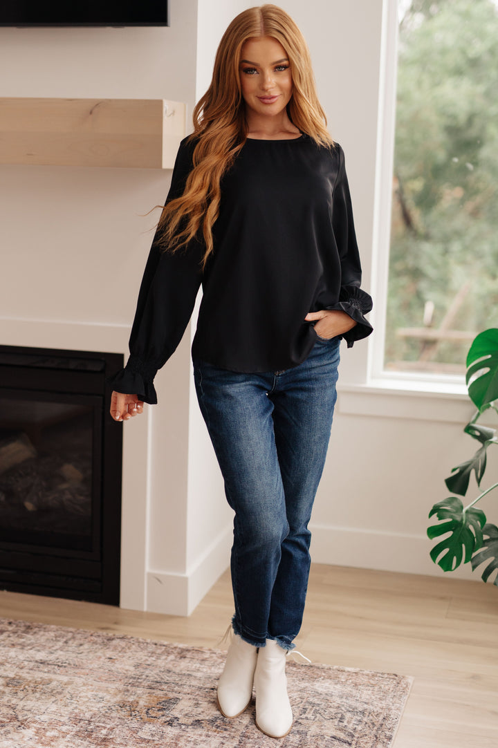 Peaceful Moments Smocked Sleeve Blouse in Black-Long Sleeve Tops-Inspired by Justeen-Women's Clothing Boutique in Chicago, Illinois