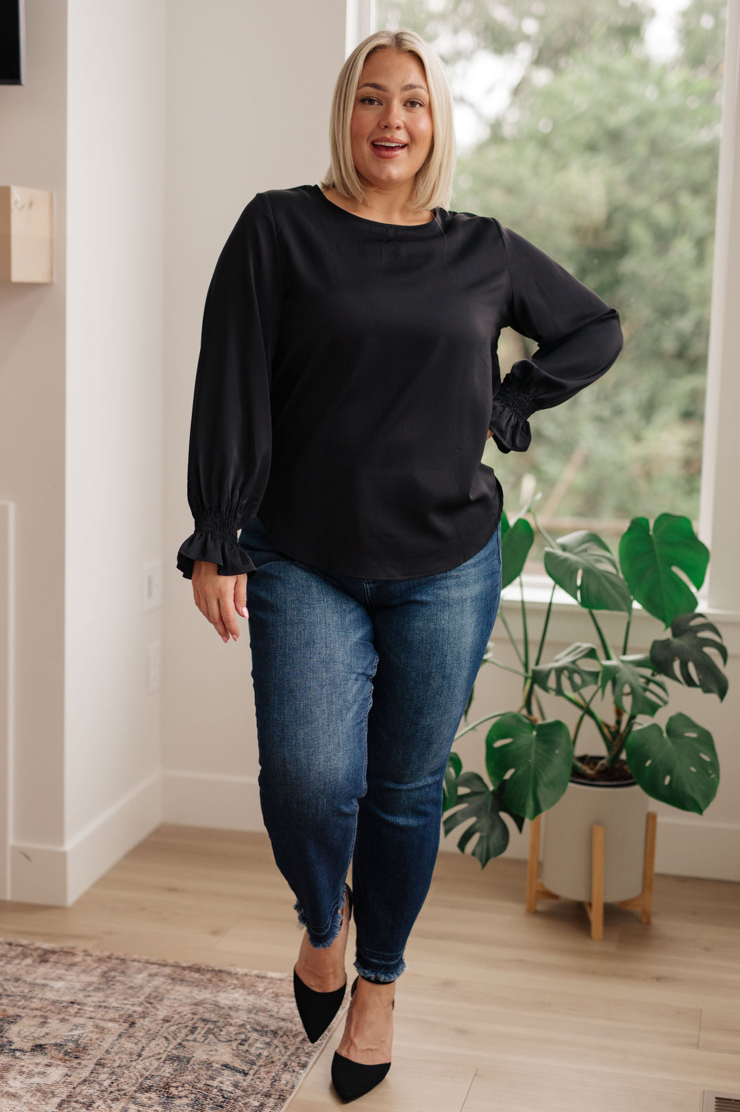 Peaceful Moments Smocked Sleeve Blouse in Black-Long Sleeve Tops-Inspired by Justeen-Women's Clothing Boutique in Chicago, Illinois