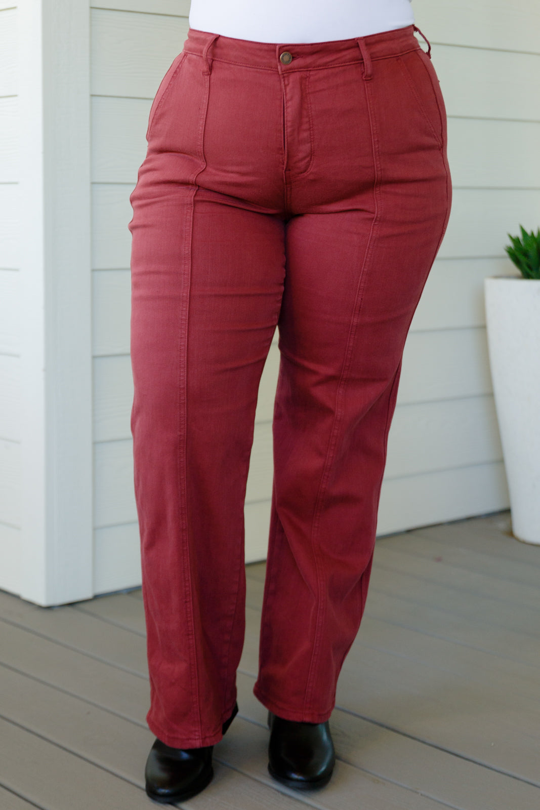 Phoebe High Rise Front Seam Straight Jeans in Burgundy-Denim-Inspired by Justeen-Women's Clothing Boutique in Chicago, Illinois
