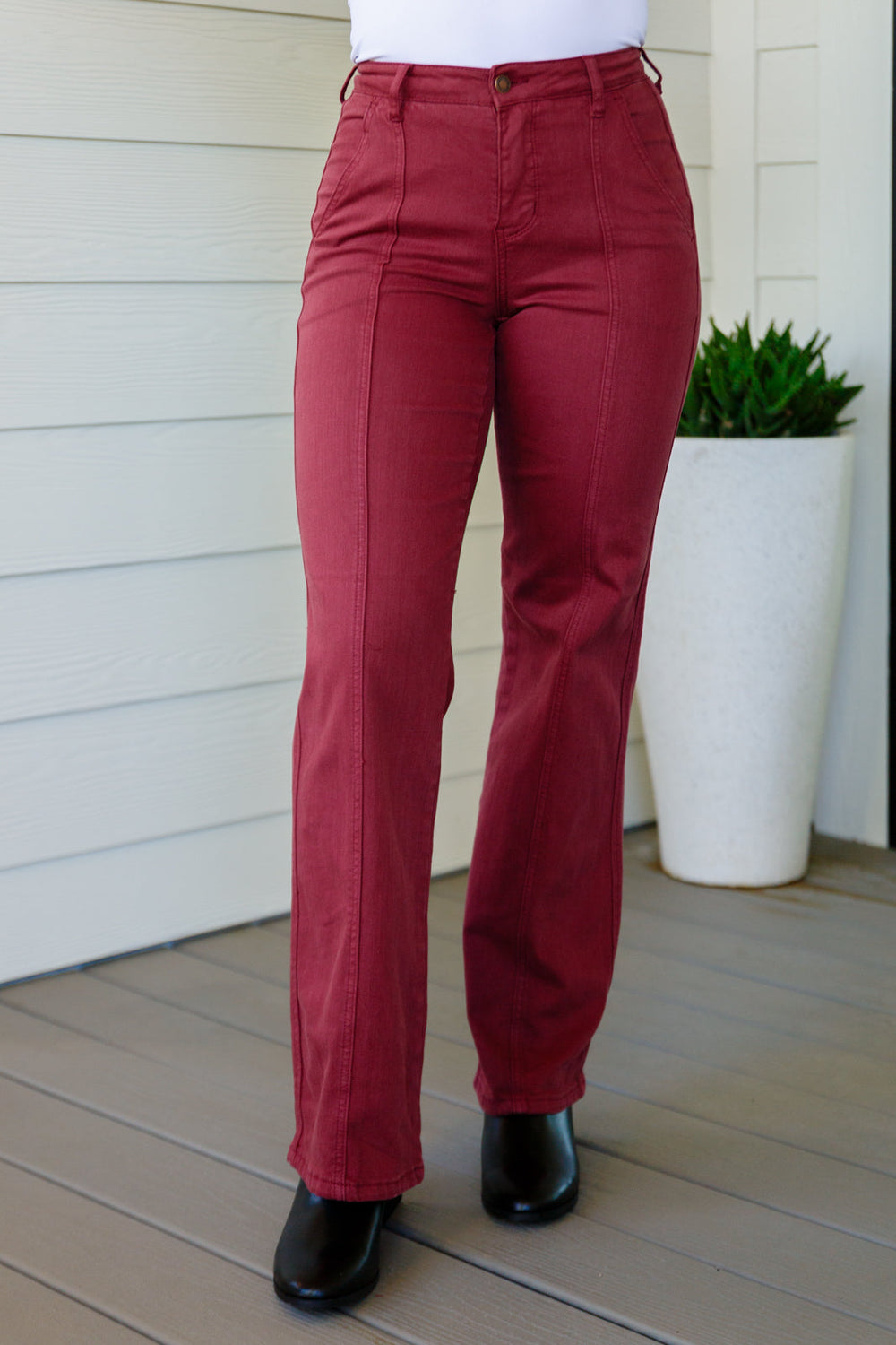 Phoebe High Rise Front Seam Straight Jeans in Burgundy-Denim-Inspired by Justeen-Women's Clothing Boutique in Chicago, Illinois