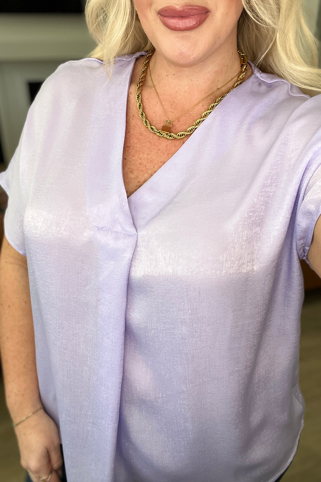 Pleat Front V-Neck Top in Lavender-Short Sleeve Tops-Inspired by Justeen-Women's Clothing Boutique in Chicago, Illinois