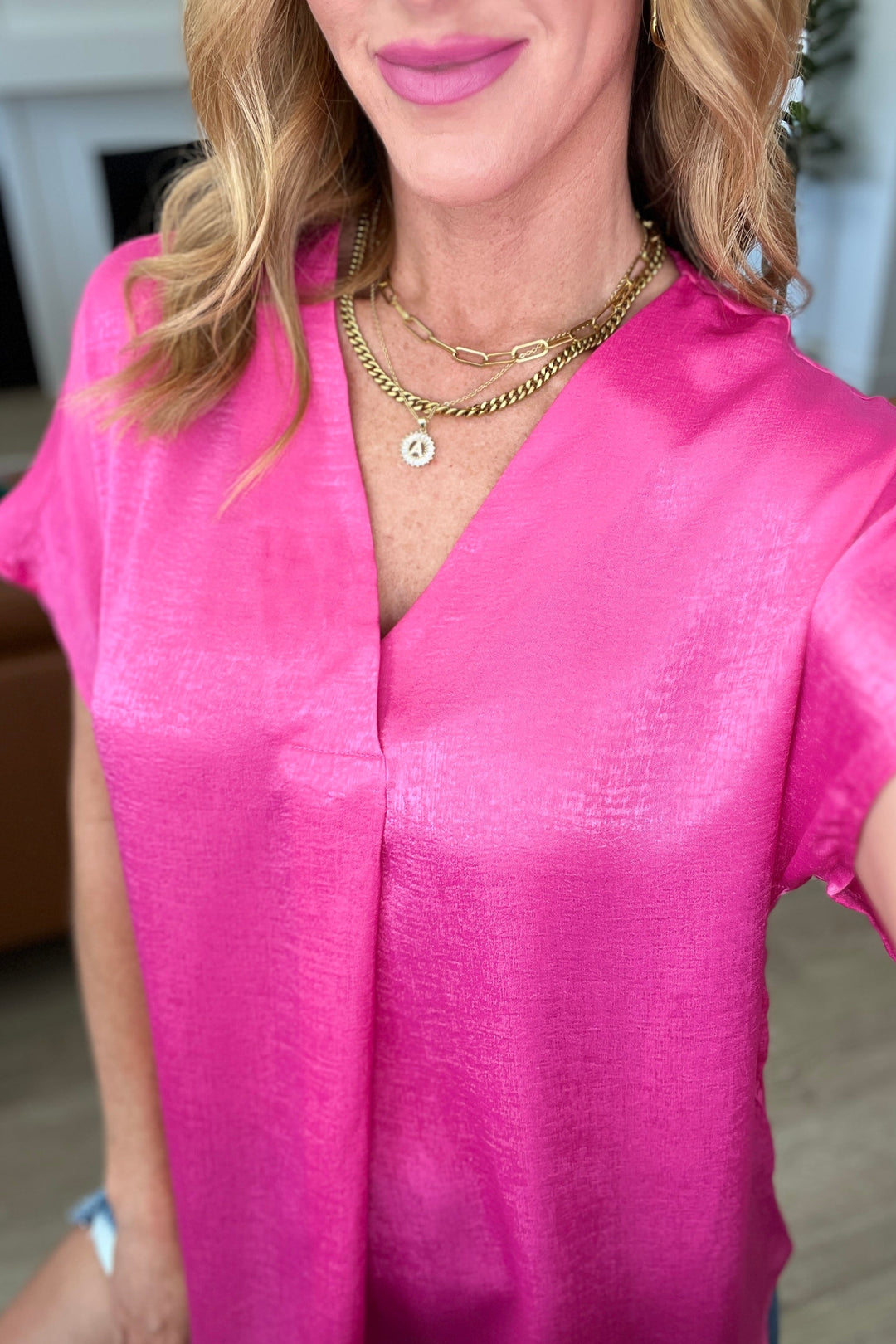 Pleat Front V-Neck Top in Hot Pink-Short Sleeve Tops-Inspired by Justeen-Women's Clothing Boutique in Chicago, Illinois