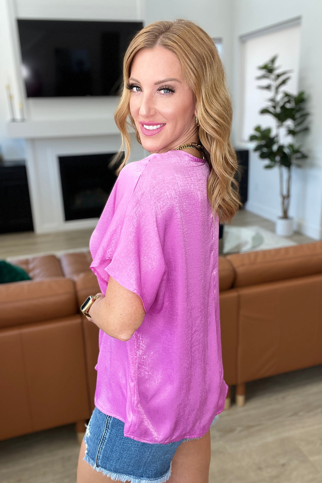 Pleat Front V-Neck Top in Spring Orchid-Short Sleeve Tops-Inspired by Justeen-Women's Clothing Boutique in Chicago, Illinois