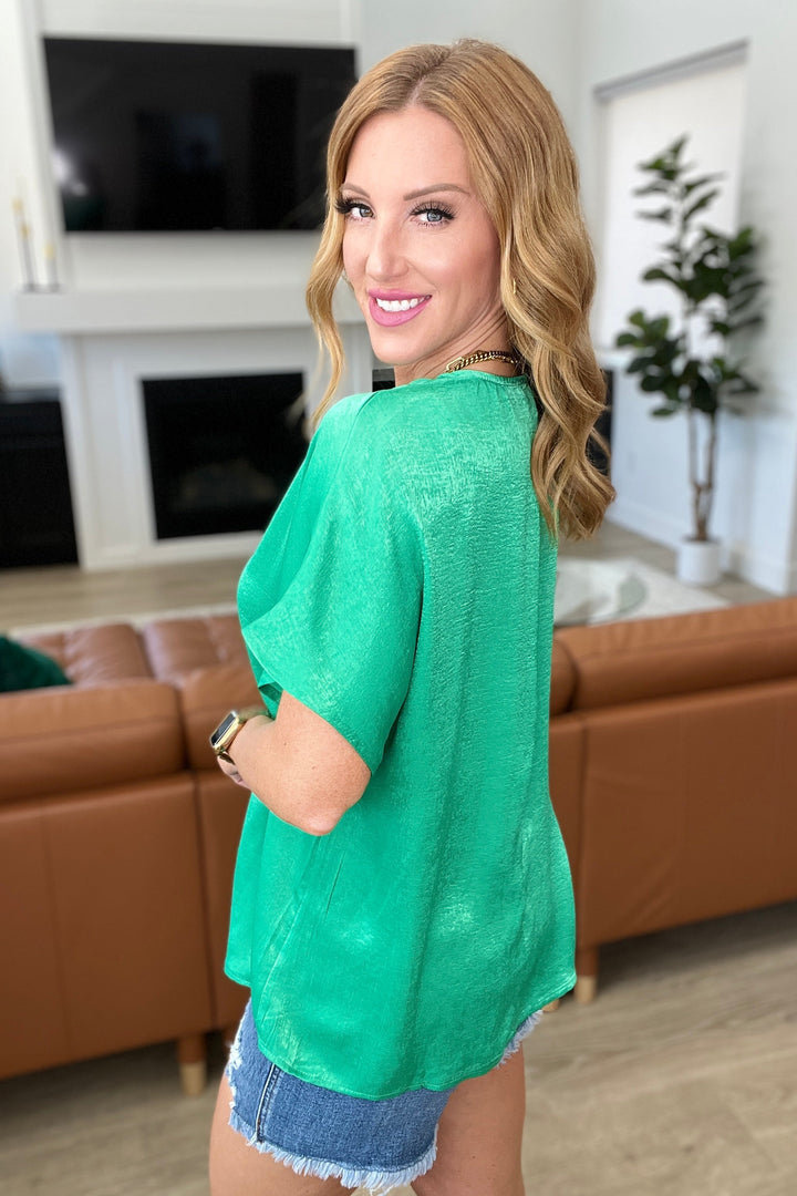 Pleat Front V-Neck Top in Kelly Green-Short Sleeve Tops-Inspired by Justeen-Women's Clothing Boutique in Chicago, Illinois