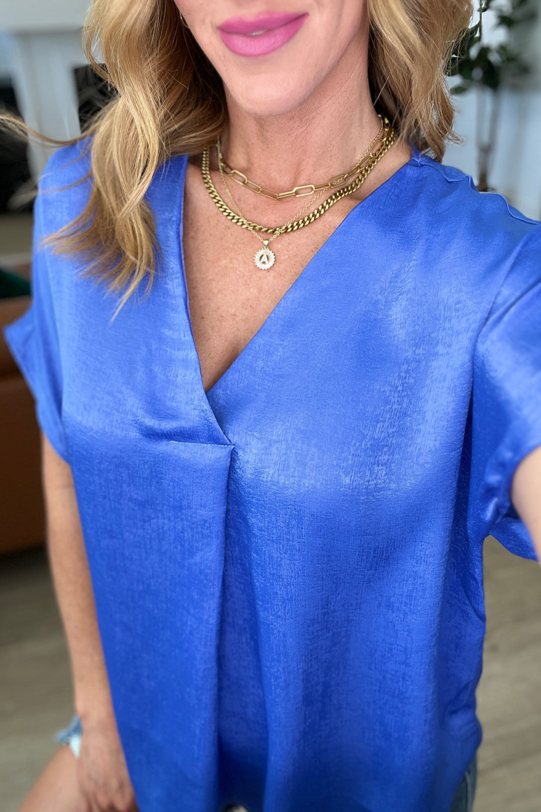 Pleat Front V-Neck Top in Royal Blue-Short Sleeve Tops-Inspired by Justeen-Women's Clothing Boutique in Chicago, Illinois