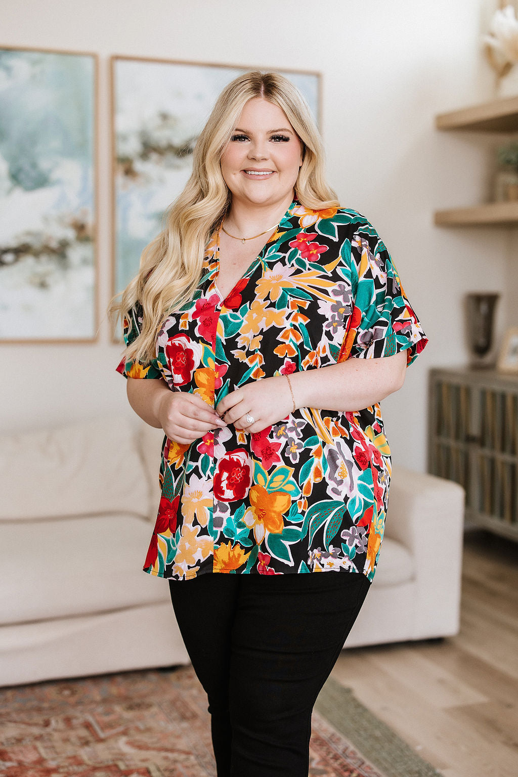 Pretty in Paradise Floral Blouse-Short Sleeve Tops-Inspired by Justeen-Women's Clothing Boutique in Chicago, Illinois