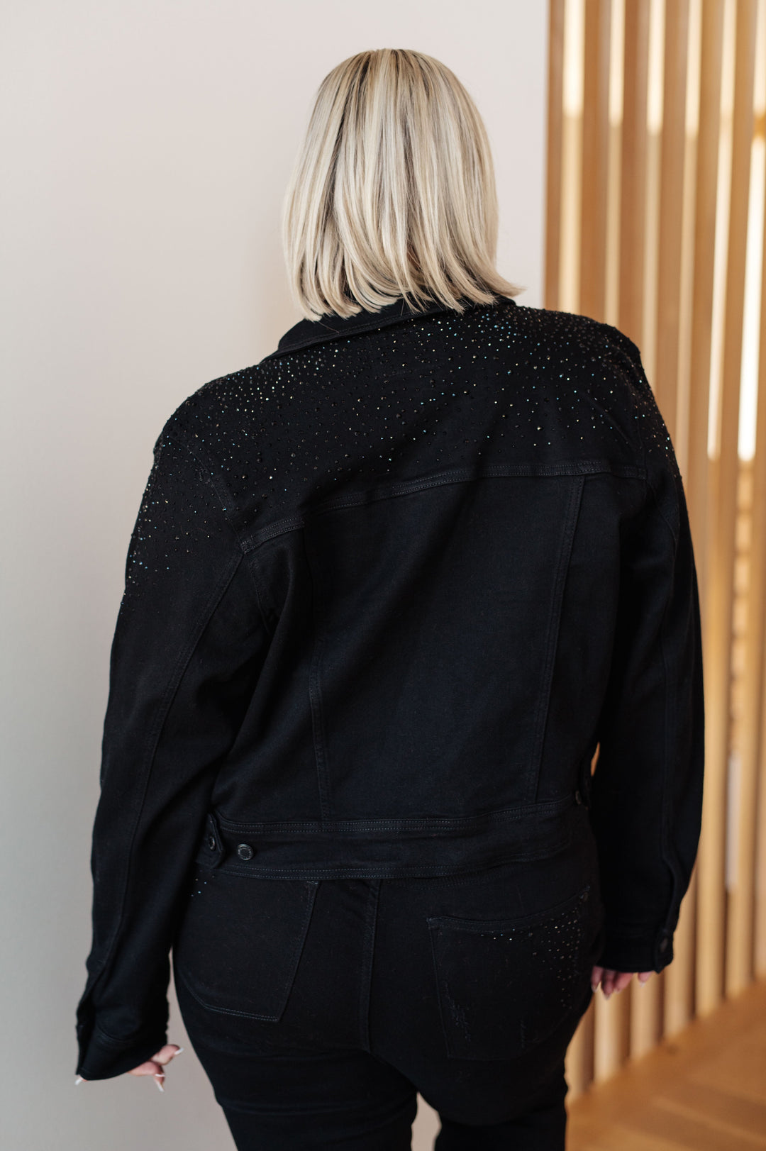 Reese Rhinestone Denim Jacket in Black-Outerwear-Inspired by Justeen-Women's Clothing Boutique in Chicago, Illinois