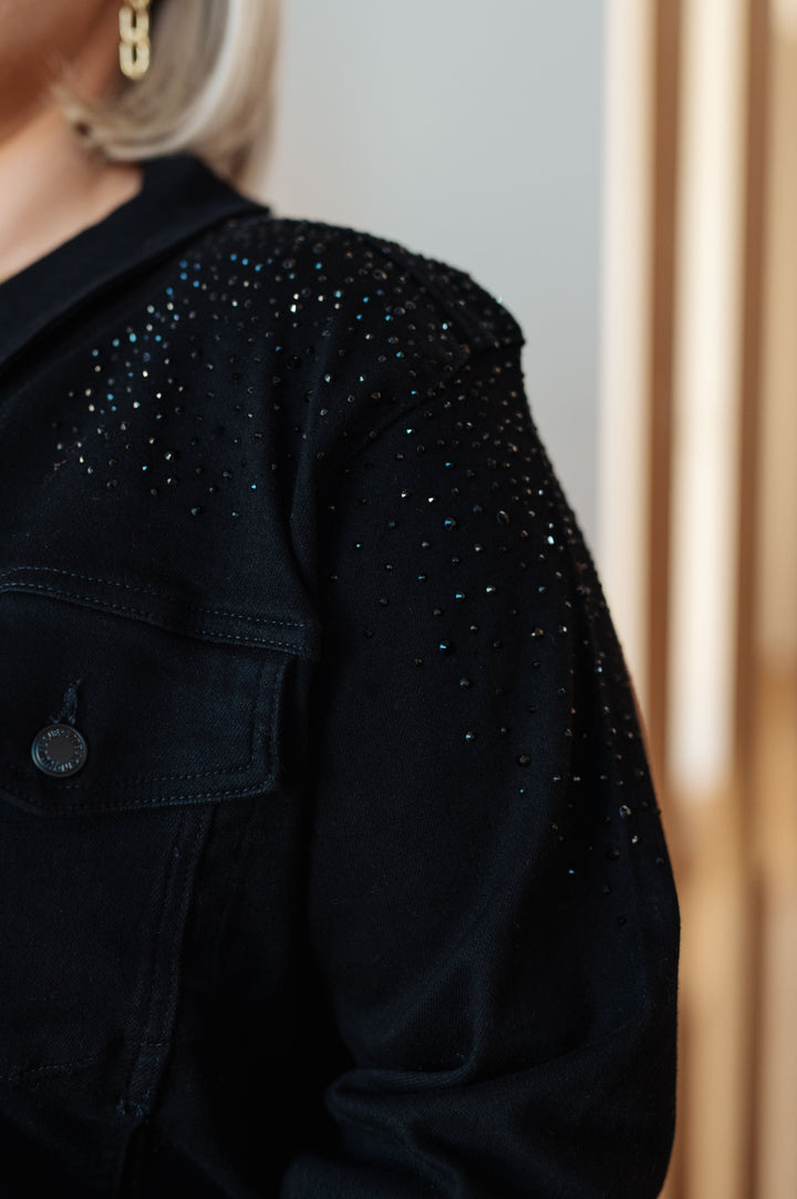 Reese Rhinestone Denim Jacket in Black-Outerwear-Inspired by Justeen-Women's Clothing Boutique in Chicago, Illinois