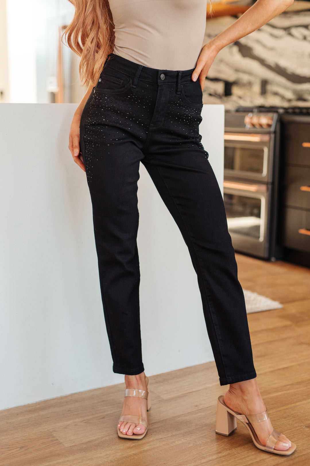 Reese Rhinestone Slim Fit Jeans in Black-Denim-Inspired by Justeen-Women's Clothing Boutique in Chicago, Illinois