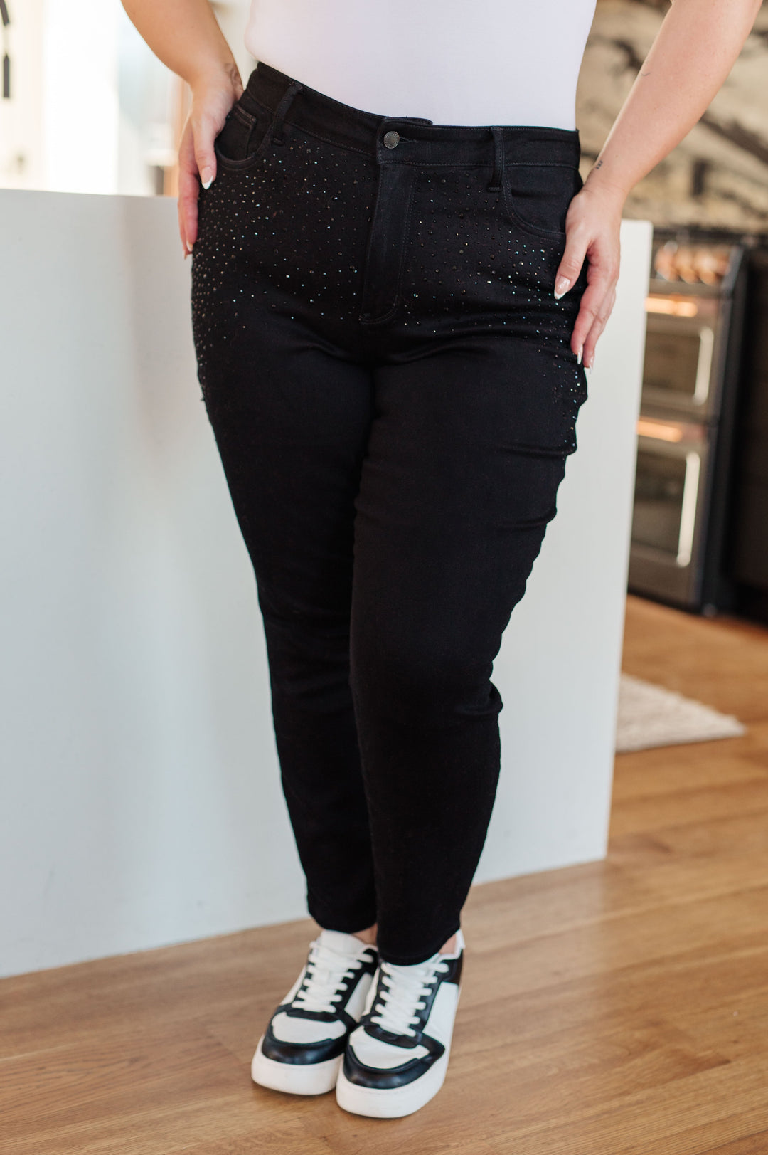Reese Rhinestone Slim Fit Jeans in Black-Denim-Inspired by Justeen-Women's Clothing Boutique in Chicago, Illinois