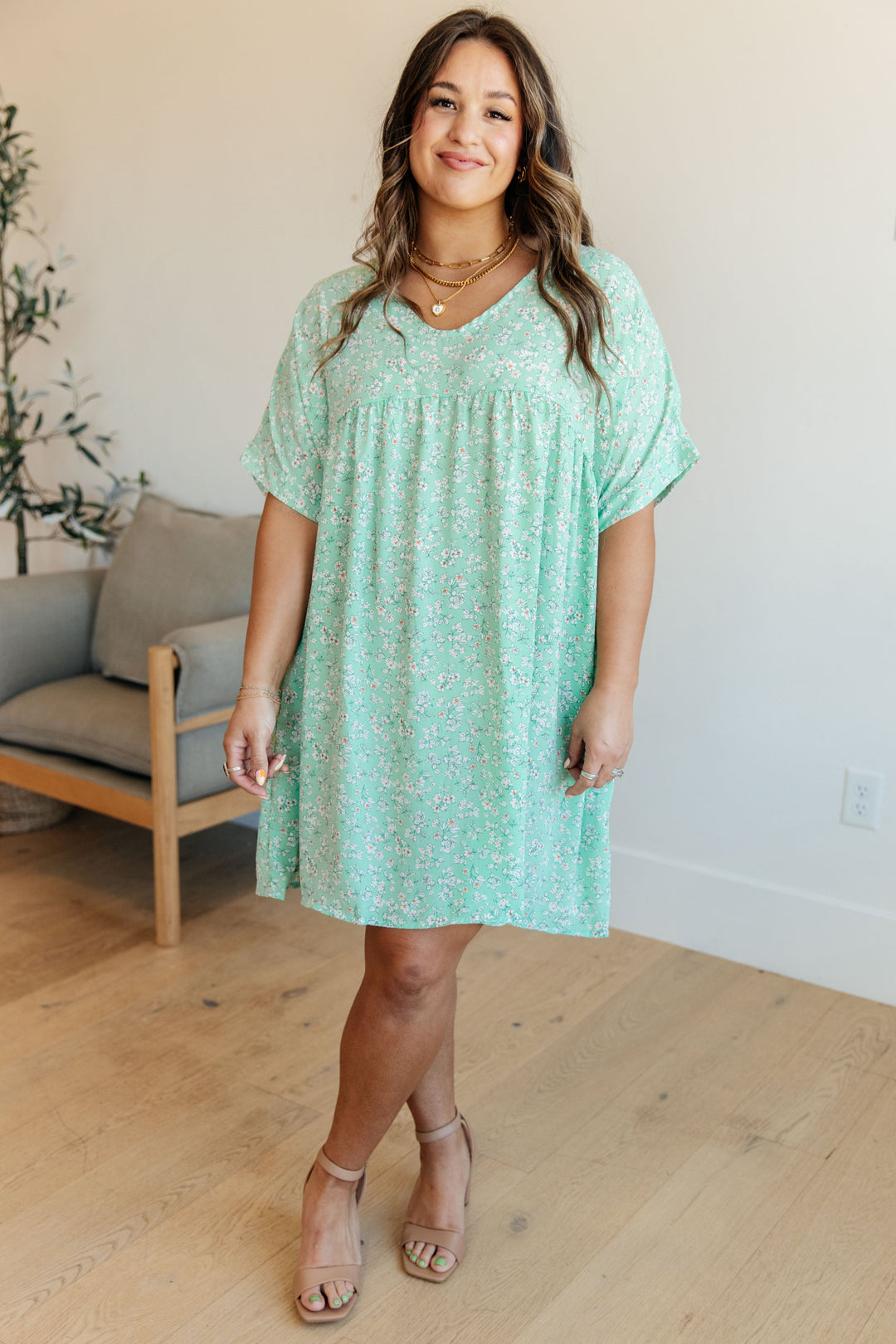 Rodeo Lights Dolman Sleeve Dress in Mint Floral-Dresses-Inspired by Justeen-Women's Clothing Boutique in Chicago, Illinois